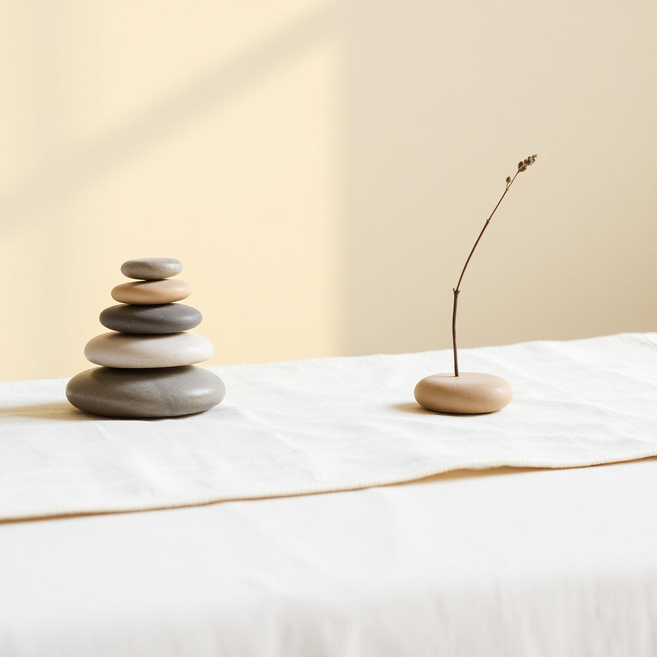 Stacked stones beside a single stem in soft window light